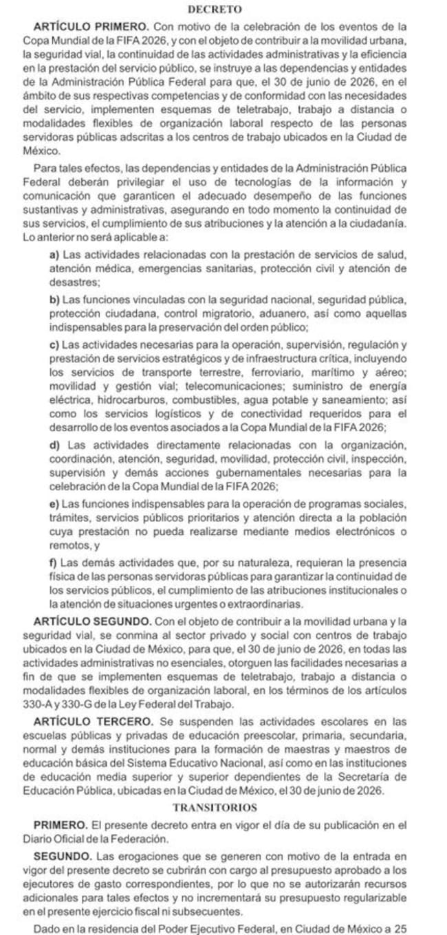 Captura del decreto publicado en el DOF sobre suspensión de clases y home office en CDMX el 30 de junio