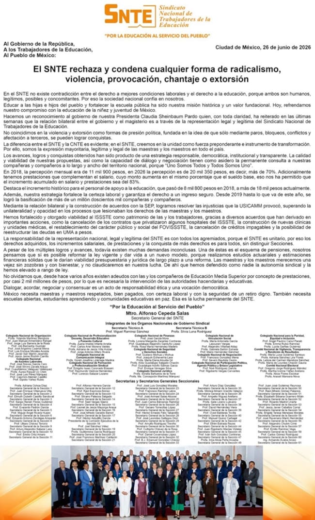 A través de un comunicado, liderazgos del SNTE se deslindan de acciones reprobables de la CNTE.