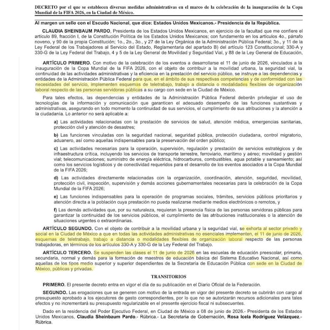 Decreto publicado en el DOF sobre home office y suspensión de clases en CDMX por el Mundial 2026